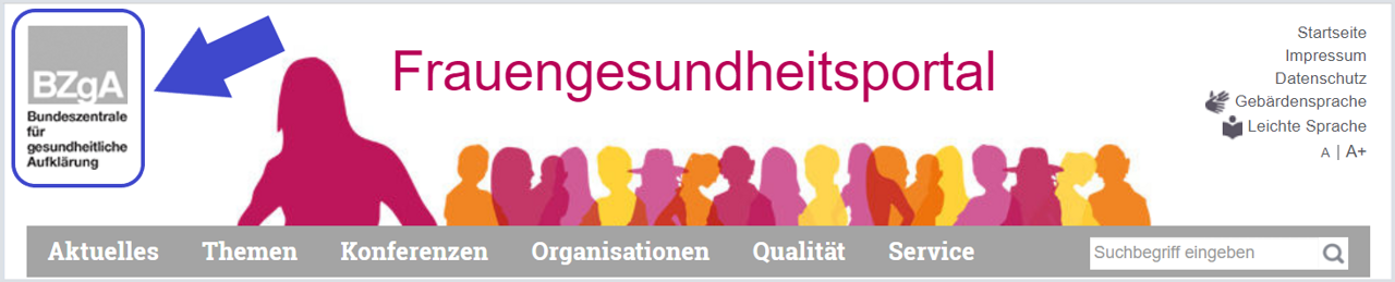 Screenshot Frauengesundheitsportal oben links: Logo der Bundeszentrale für gesundheitliche Aufklärung