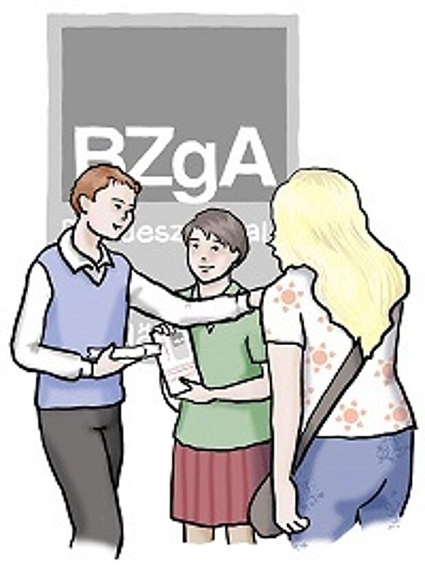 drei Menschen unterhalten sich vor BZgA-Logo