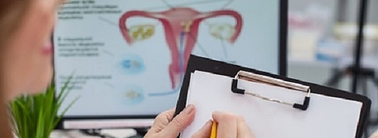 Frauenärztin vor Computerbildschirm mit Darstellung der Gebärmutter
